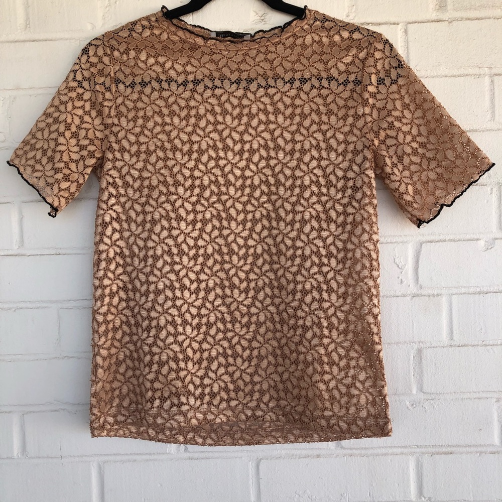 Zara Trafaluc S Pink Floral Lace Short Sleeve Top